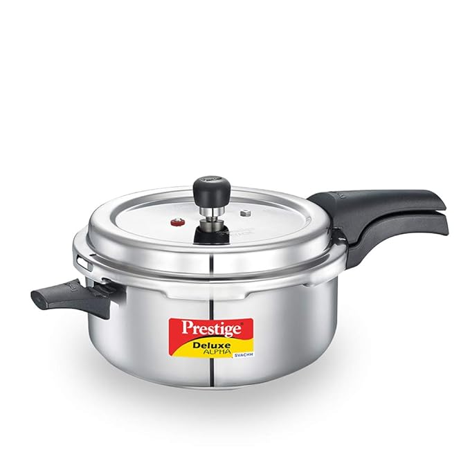 Prestige 5L Deluxe Alpha Svachh stainless steel Pressure Cooker|Outer lid|Ideal for 5-7 persons|Deep lid for spillage control|Gas & induction compatible|Silver