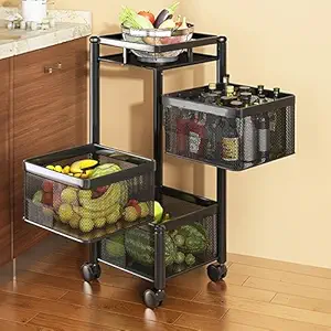 TEX-RO Kitchen Trolley with Wheels, Kitchen Organizer Items and Storage Solutions for Squre Kitchen Organizer and Kitchen Accessories Items (Black,Layer 3)