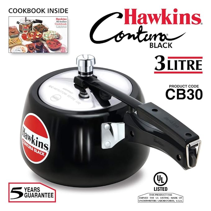 Hawkins 3 Litre Contura Black Pressure Cooker, Hard Anodised Inner Lid Cooker, Handi Cooker, Black (CB30)
