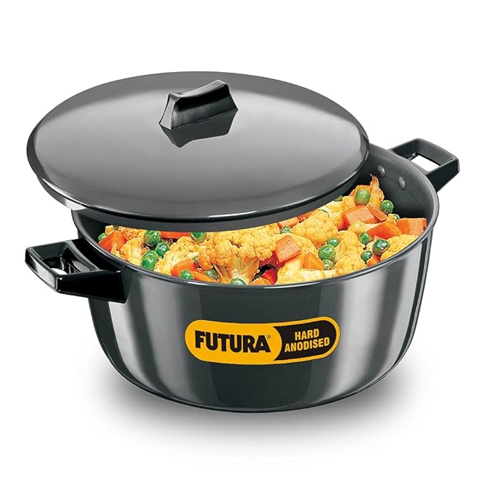 Hawkins Futura 6 Litre Cook n Serve Bowl, Hard Anodised Saucepan with Hard Anodised Lid, Sauce Pan for Cooking and Serving, Black (ACB60) (Aluminium)